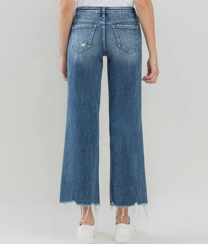 Lovervet- Mid Rise Raw Hem Wide Leg Jeans