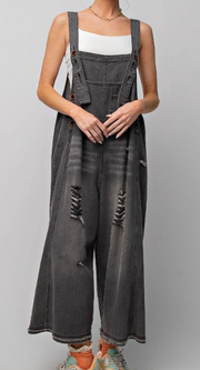 Distressed Denim Oversized Overalls- Black