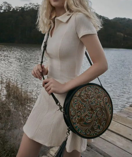 Magnolia Morn Hand-Tooled Circle Bag