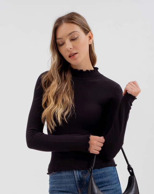 Lettuce Trim Mock Neck Sweater Knit Top-Black