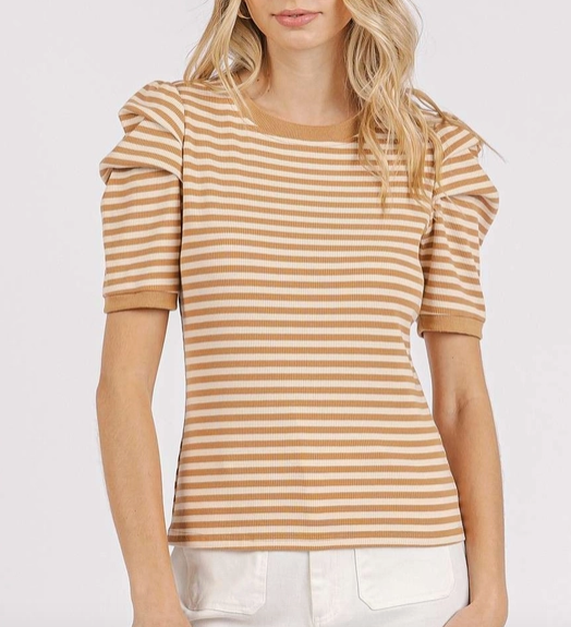 Striped Puff Sleeve Top- Taupe