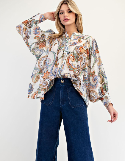 Paisley Printed Bubble Sleeve Top