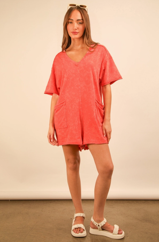 Casual Knit Rompers- Coral