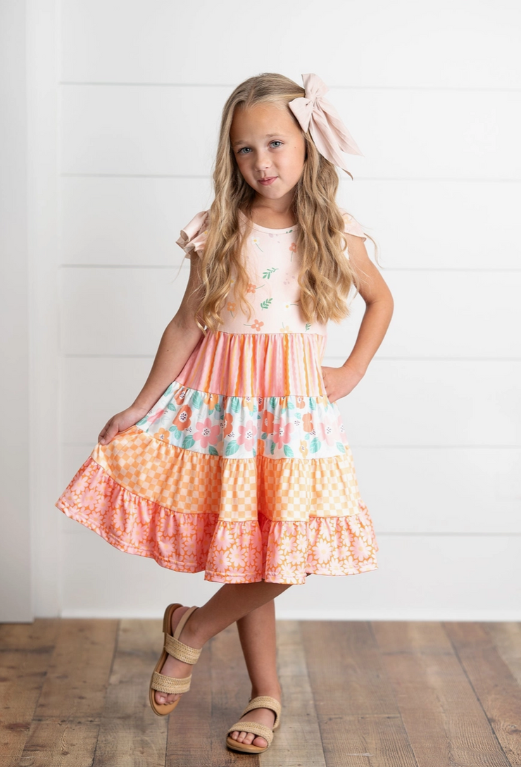 Girls Peach Retro Floral Tiered Spring Dress