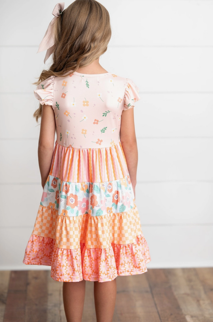 Girls Peach Retro Floral Tiered Spring Dress