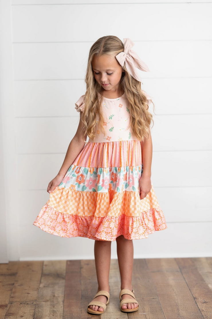 Girls Peach Retro Floral Tiered Spring Dress
