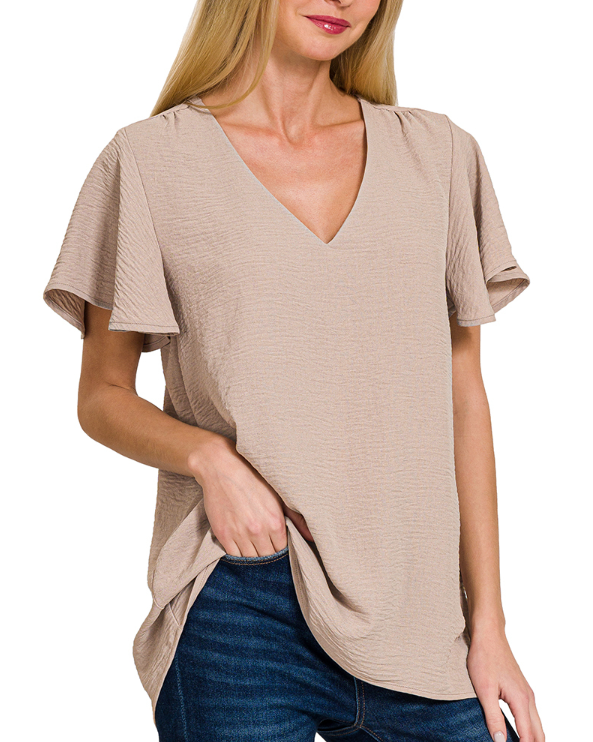 Flutter Sleeve Top-Mocha