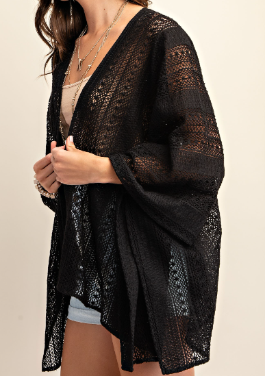 Embroidered Open Front Summer Cardigan-Black