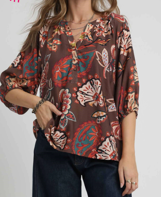 Boho Paisley Print Top- Brown