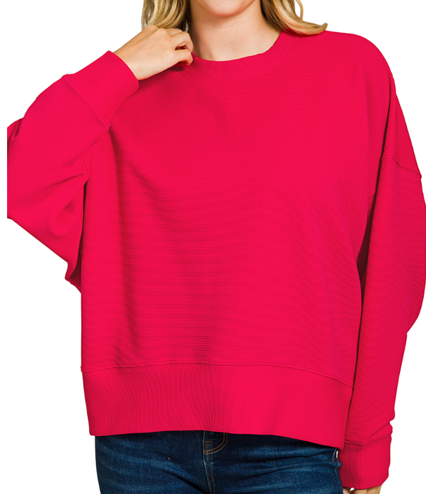 RIBBED BALLOON SLEEVE PULLOVER- Red
