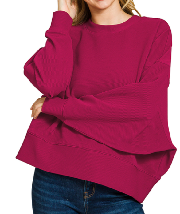 RIBBED BALLOON SLEEVE PULLOVER- Wine