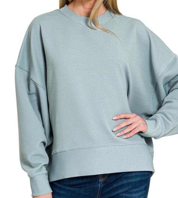 RIBBED BALLOON SLEEVE PULLOVER- Blue