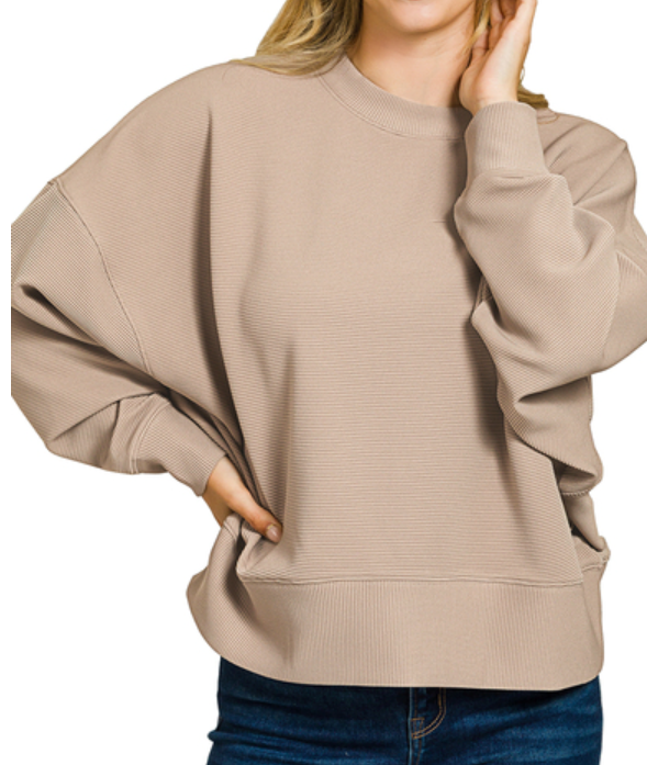 RIBBED BALLOON SLEEVE PULLOVER- Mocha