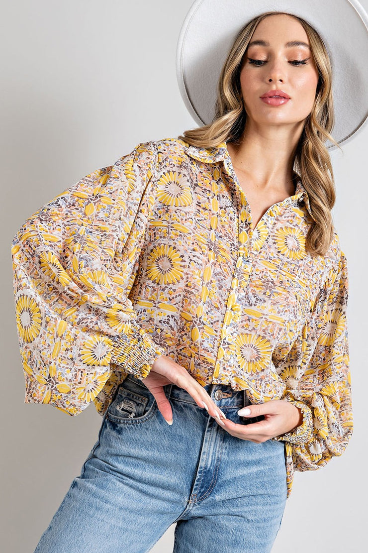 Candace Printed Button Front Top-Mustard