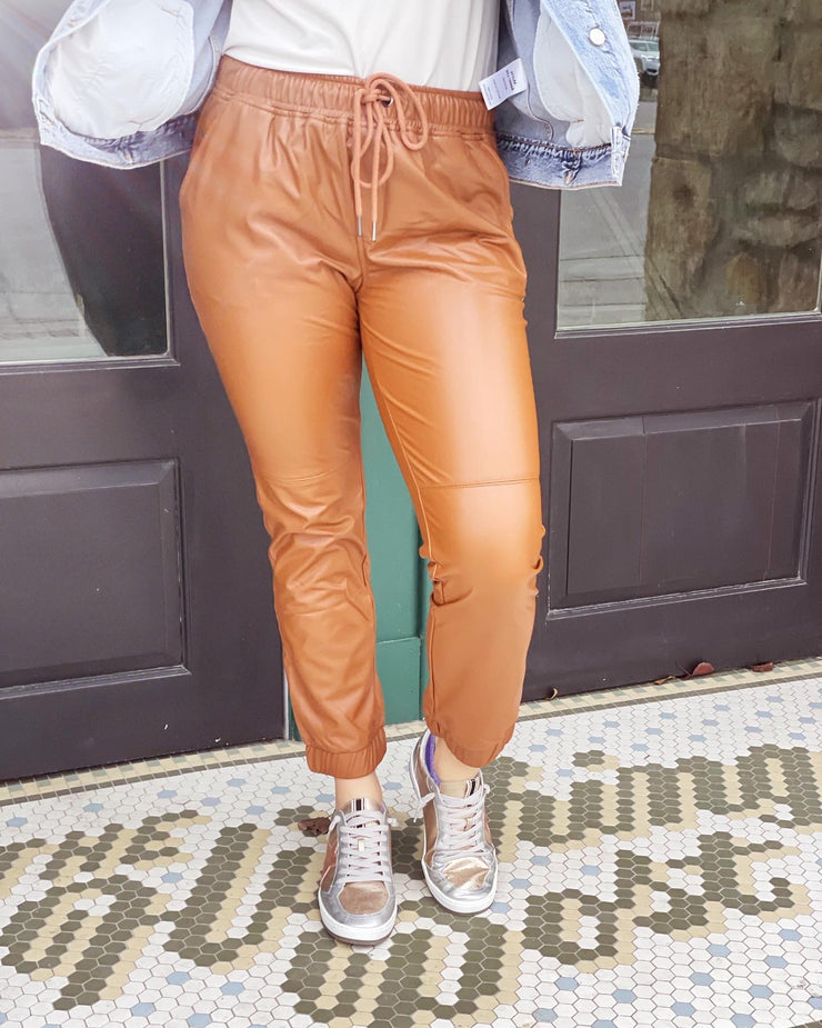 Faux Leather Joggers- Brown